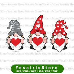 three gnomes holding hearts svg, valentine's day svg, gnomes svg, dxf, eps, valentine svg clipart, girls valentine svg