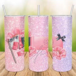Pink Shiny with flowers Tumbler Design PNG, Glitter 20oz Skinny Tumbler Wrap, Girl Sublimation Designs Downloads