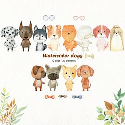 Watercolor dogs clipart, nursery art, png.