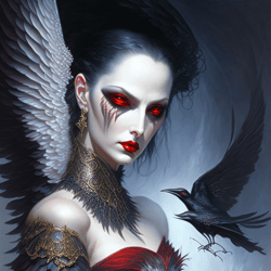 devilish queen of crows with red eyes