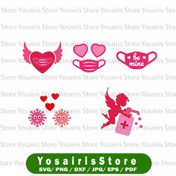 quarantine valentine's day svg bundle - 5 items, funny valentines day 2021, heart with face mask, masked heart svg dxf
