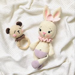 Crochet patterns Set of 2 Bunny and Bear RatleTeething for Baby Crochet Pattern Bear Ears  rattleTeething Ring wooden