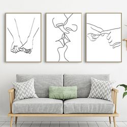 Love Prints Kissing Lines Set Of 3 Wall Art Line Drawing Couple Poster Hands Love Digital Download Valentines Day Art