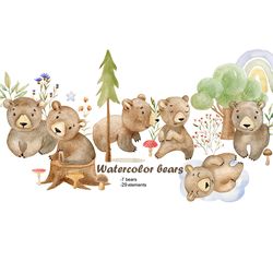 Watercolor bears clipart, nursery animals.