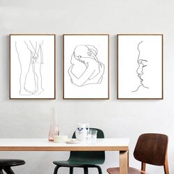 Love Wall Art Couple Poster Set Of 3 Prints Line Drawing Kiss Lovers Digital Download Valentines Day Art Kissing Lines