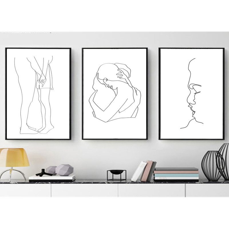 Three prints on the wall kiss, hug, gift for two 3
