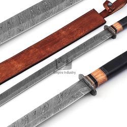 Custom Hand Forged OR Handmade Damascus Steel Tanto Long Sword With Leather Sheath, Free Shipping, Gift