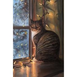 waiting for a miracle cat painting pets painting cat at the window oil painting cat artwork original art wall art cat