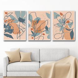 Abstract Botanical Digital Prints Leaf Line Art Abstract Leaves Set of 3 Wall Art Beige Blue Art Line Drawing Posters