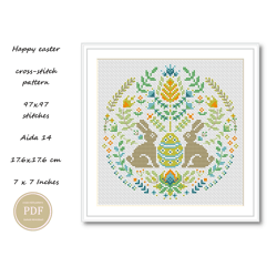 Cross Stitch Pattern Easter Bunny with Flower Wreaths Egg Hunt Easter Embroidery Digital Pdf File - 3   269
