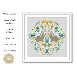 Cross Stitch Pattern Easter Bunny with Flower Wreaths Egg Hunt Easter Embroidery Digital Pdf File - 4-270
