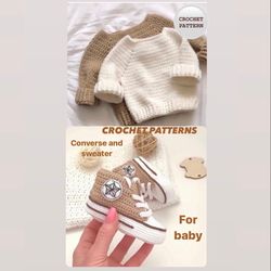 Set of 2 Crochet patterns converse and sweater baby shoes classic pullover sneakers booties for baby boots for boy girl