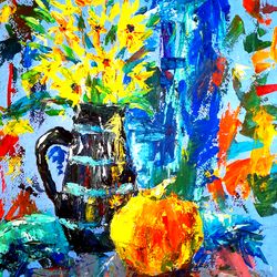 Still life with a bouquet of yellow flowers in a jug and an apple, made with gouache palette knife