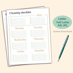 Cleaning Checklist, Cleaning Schedule, Cleaning Planner, Cleaning Printable, Weekly Cleaning, Cleaning List, Daily Clean