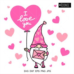 Valentine Gnome with Pink Heart Balloon Svg, I Love You Card, Valentine Gnome Shirt Design, Gnome Cricut Sublimation