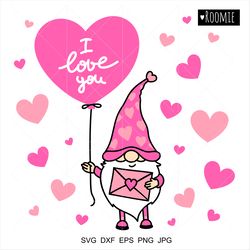 valentine gnome with pink heart balloon svg, i love you card, valentine gnome shirt design, gnome cricut sublimation