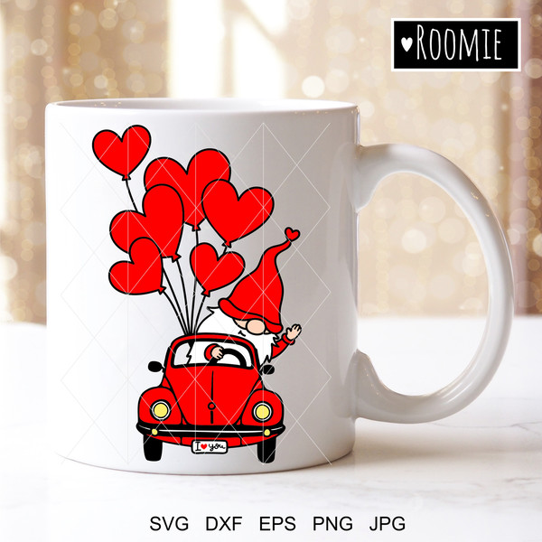Valentine gnome in retro red car with hearts mug.jpg