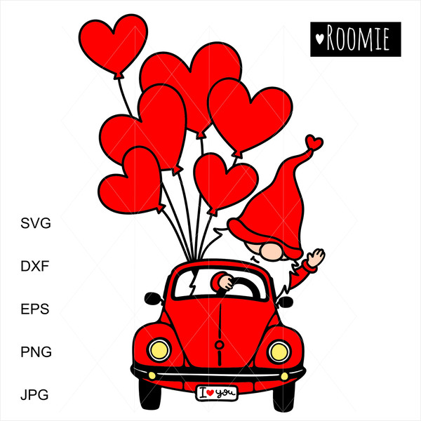 Valentine gnome in retro red car with hearts.jpg
