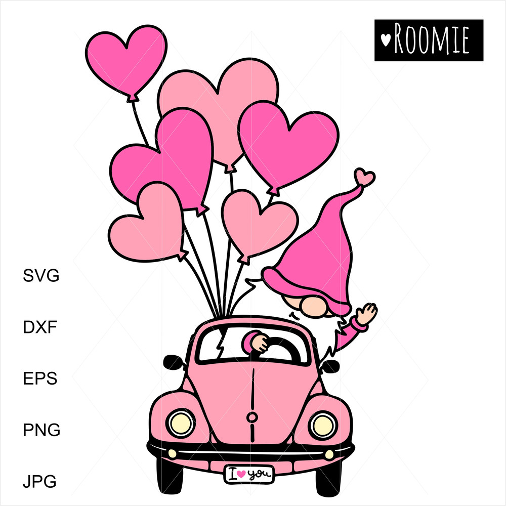 Valentine gnome in retro pink car with hearts.jpg