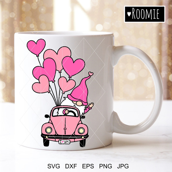 Valentine gnome in retro pink car with hearts clipart.jpg