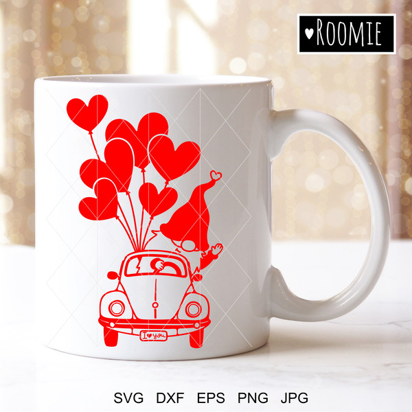 Valentine gnome in retro car with heart balloons mug design.jpg