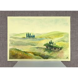 Tuscany Hills Sultry Summer Landscape ORIGINAL Watercolor Painting yellow Small Art Signed by artist Marina Chuchko