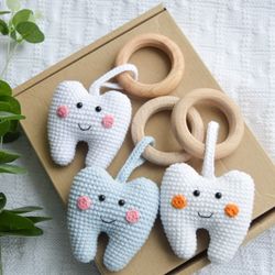 Crochet rattle little tooth for newborn, cute crochet teether