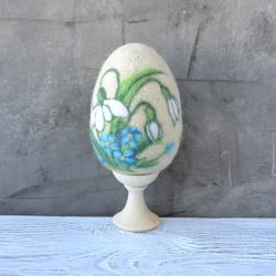 Felted yellow Easter egg with snowdrops ornament for spring tree Egg hunt party Happy Easter decoration