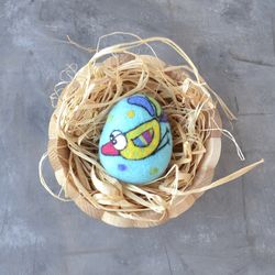 Felted Easter egg with funny bird ornament for spring tree Egg hunt party Happy Easter decoration