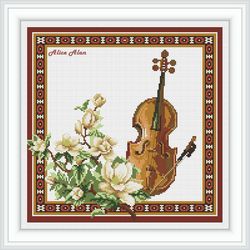 Cross stitch pattern music violin bow magnolia flowers frame counted crossstitch patterns Instant Download PDF