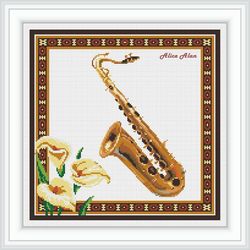 Cross stitch pattern music Saxophone Calla lilies flowers frame counted crossstitch patterns Instant Download PDF