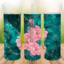 Green Agate Tumbler Wrap 20 oz Skinny Tumbler Sublimation Designs Download, Pink Flowers Tumbler Design png
