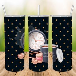 Watch 20oz Tumbler Wrap, coffee PNG Sublimation 300 dpi, black background with gold stars skinny design