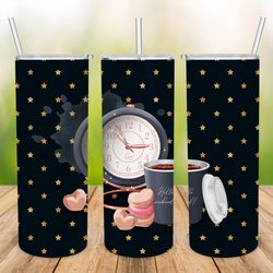 watch 20oz tumbler wrap, coffee png sublimation 300 dpi, black background with gold stars skinny design
