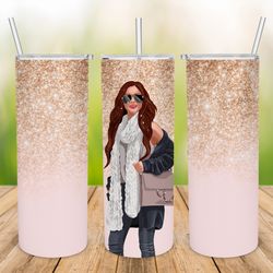 Girl with glasses with scarf and bag 20 OZ Skinny Tumbler Sublimation, pink gold glitter Design Template Design