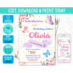 Editable butterfly birthday invitation Corjl template Girl butterfly invitation Summer party invite Insect bugs invite