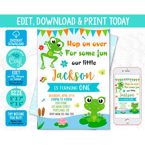 Editable frog birthday invitation Corjl template Toddler frog invitation Leaping party invite Boy 1st birthday invite