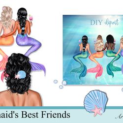 Mermaid Besti Clipart, Mermaid Friends, Mermaid Sisters Clip Art, Fish Clipart, Fantasy Art, Personalized PNG