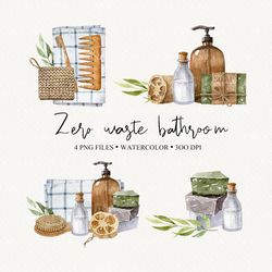 eco friendly lifestyle watercolor png clipart. zero waste illustrations. reusable bathroom accessories. natartstudio.
