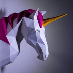 Unicorn Head Wall Paper Craft, Digital Template, Origami, PDF Download DIY, Low Poly, Wall Decor