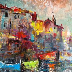 oil painting sea city marine themes city above the water