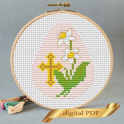 easter egg pattern pdf cross stitch, easy embroidery diy, small pattern daffodils
