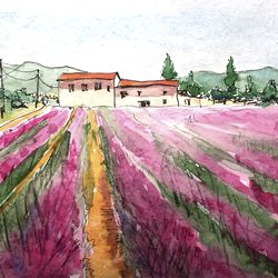 Provence Original Watercolor painting Landscape Original Art 8 by 12