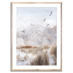 Dunes Landscape Painting Seagull Watercolor Art Print Pampas Grass Wall Art Neutral Landscape Wall Decor Beige and Gray
