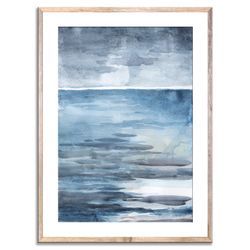 Misty Seascape Watercolor Art Print Storm Abstract Watercolor Foggy Ocean Dark Blue Minimalist Coastal Landscape Art