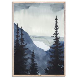 Blue Ridge Art Print Dark Blue Mountains Watercolor Painting Indigo Pine Trees Forest Wall Art Misty Landscape Foggy