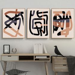 Abstract Art Print 3 Piece Prints Modern Poster Set Of 3 Download Prints Line Art Large Triptych Rust And Black Wall Art