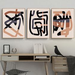 abstract art print 3 piece prints modern poster set of 3 download prints line art large triptych rust and black wall art