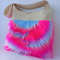 Double-sided colorful faux fur bag. Fluffy rainbow tote bag.