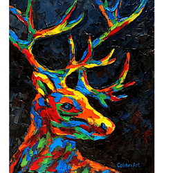 Stag Painting Deer Original Art Abstract Animal Painting Impasto Colorful Art Rainbow Small Art 12" x 10" By Colibri Art